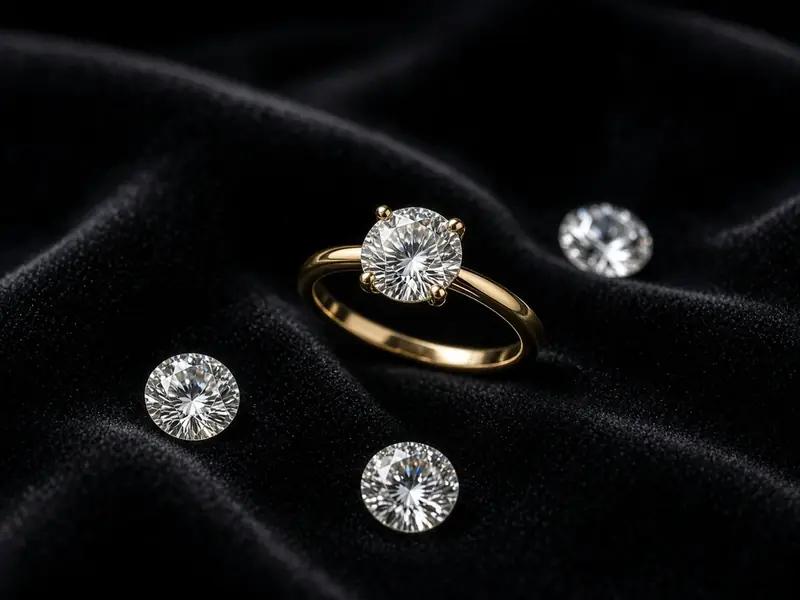 Diamond engagement ring with loose diamonds on black velvet