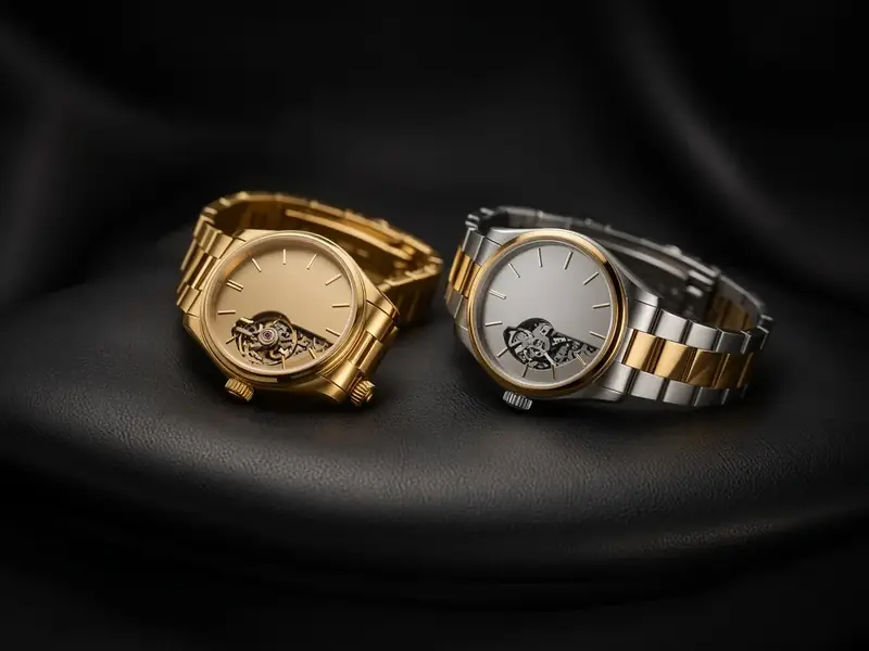 Two luxury wristwatches, one gold and one two-tone, on black fabric