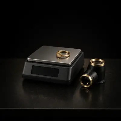 Digital jewelry scale with a gold ring and a jeweler's loupe