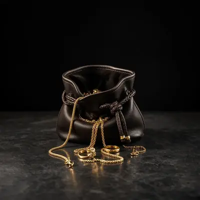 Open leather pouch with gold chains and rings spilling out