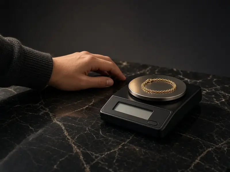 Hand placing a gold chain on a digital scale on a black marble counter