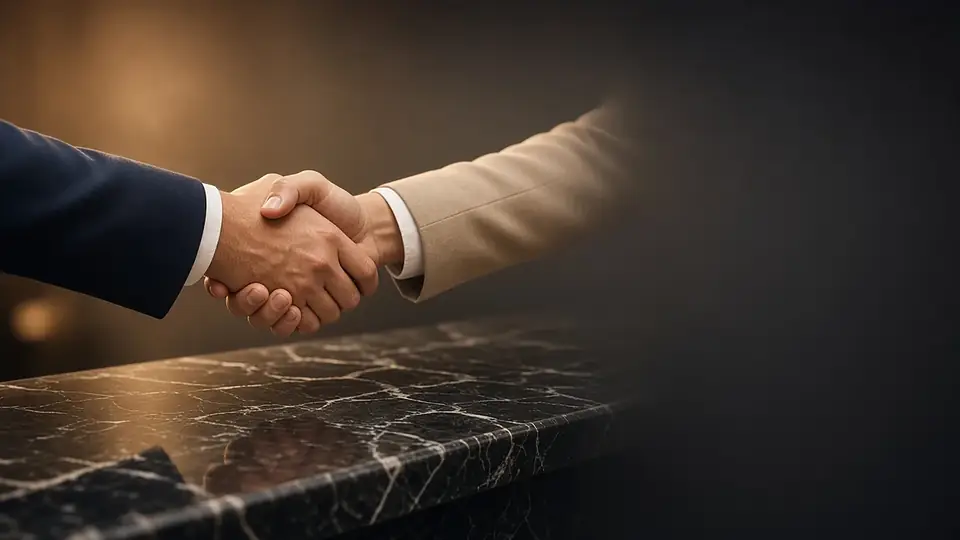 Two people shaking hands over a dark marble counter